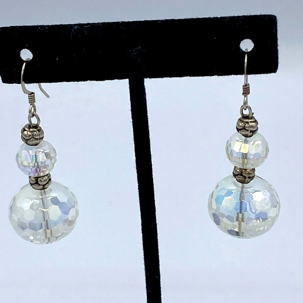 Aurora Borealis Crystal Dangle Earrings 1  1/2” Long Very Faceted Hand Crafted